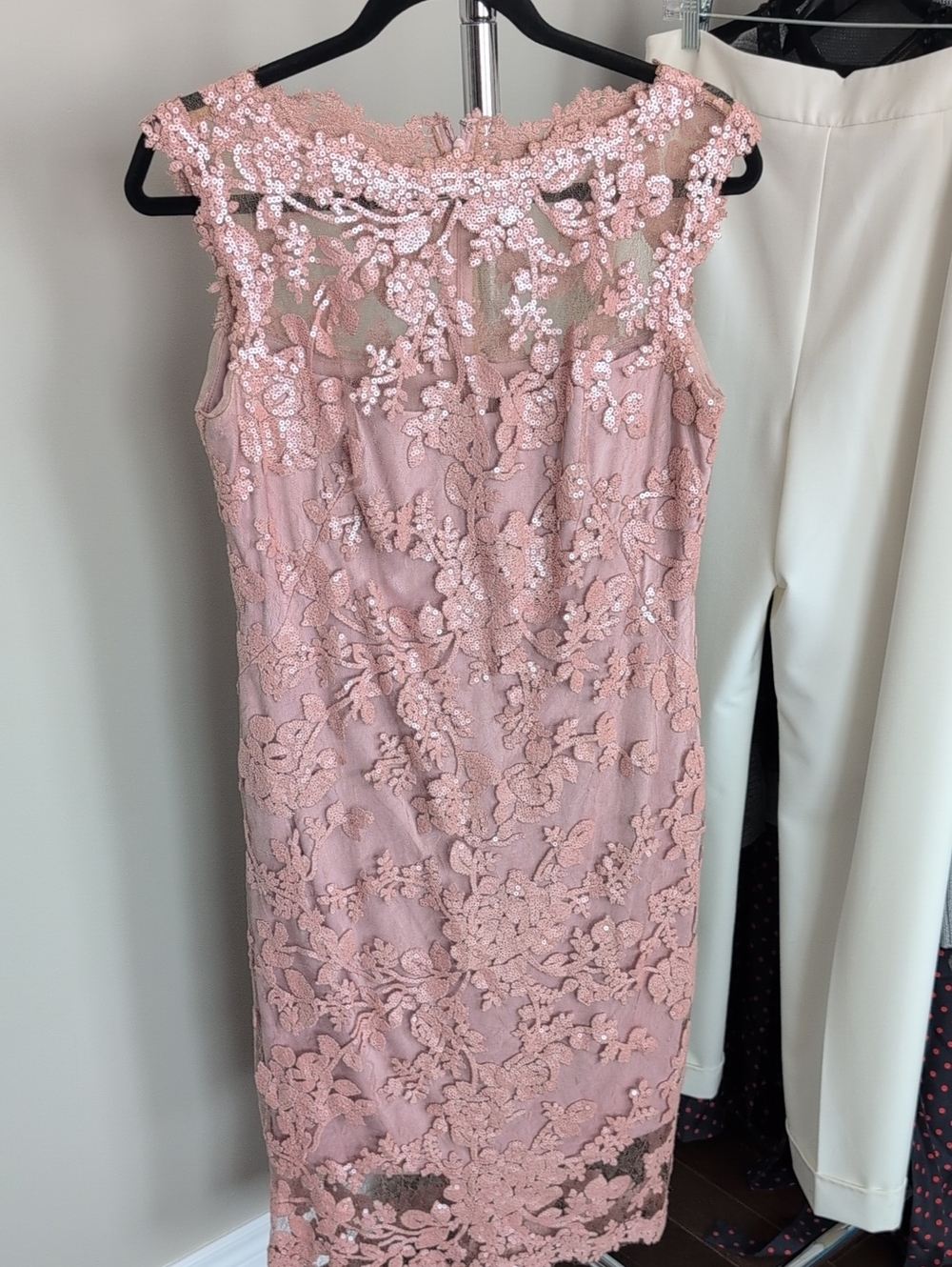Tadashi Shoji Blush Pink Lace Midi Dress with Sequin Appliqué